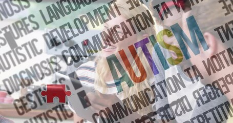 Poster - Animation of colourful puzzle pieces and autism text over business people using digital devices