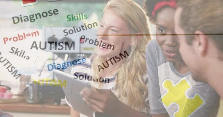 Poster - Animation of colourful puzzle pieces and autism text over business people using digital devices