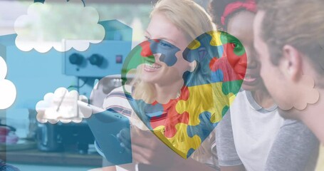 Poster - Animation of colourful puzzle pieces over business people using digital devices