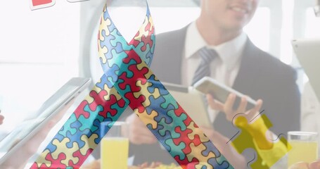Poster - Animation of colourful puzzle pieces ribbon over business people using digital devices