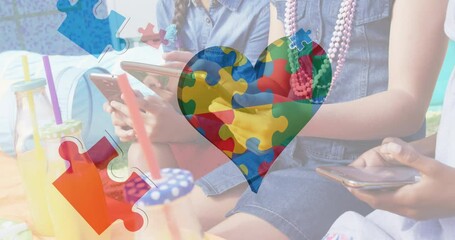 Poster - Animation of colourful puzzle pieces heart over friends sing smartphone and tablet