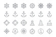 Vector icons of ship steering wheel, anchor, lifebuoy and buoy, compass, wind pose. Editable stroke. Set of linear nautical icon
