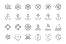 Vector Icons Of Ship Steering Wheel, Anchor, Lifebuoy And Buoy, Compass, Wind Pose. Editable Stroke. Set Of Linear Nautical Icon