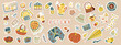 Set of cute vector autumn stickers for daily planner.Cozy home.Collection of scrapbooking elements:pumpkin,sweater,candle,falling leaves,mushroom.Concept for seasonal poster,card.Doodle icons pack