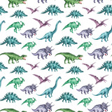 Fototapeta Dinusie - Dinosaurs watercolor seamless pattern. Dino baby pattern. Blue, green, purple dinosaur. Paleontology. Prehistoric animal. Types of dinosaurs. Animal print. For printing on textiles, fabrics, packaging