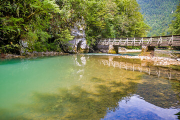 Wall Mural - a wooden bridge over the river kupa in risnjak national park