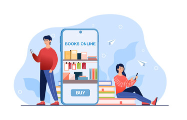Poster - online bookshop. teens with smart gadgets use app for reading, buying and downloading books. ready f