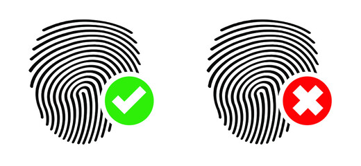 Right, wrong or lock, unlock. People fingerprint or finger print pictogram. Personal touch id app. Mobile touchscreen scan. Human fingerprints icon. Vector sign. Password, blocking, security concept.