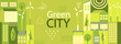 Green city horizontal banner in simple minimal geometric flat style. Ecology and sustainable poster,flyer with solar panels, wind turbines, buildings and trees - eco and green energy concept.Vector.