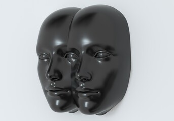 Wall Mural - Surreal 3d illustration of two сonjoined faces in a wall. Concept of psychological and mental health issues.