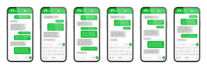 Realistic smartphone with messaging app. SMS text frame. Conversation chat screen with green message bubbles and placeholder text. Social media application. Vector illustration.