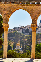 Wall Mural - Church of St. Mary Magdalene through the Southwest qanatir (arches) of the Haram al Sharif, Temple Mount, Jerusalem, Israel.