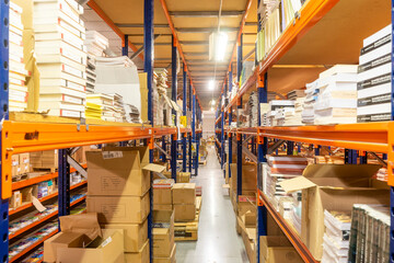 la coruna, spain. 10-09-2019. full shelves of a warehouse due to the beginning of the school year. w