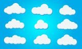 Fototapeta  - Clouds icon set isolated on blue background. Logo and sign. Cloud technologies. Simple modern design. Flat style vector illustration