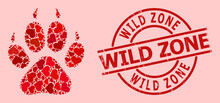 Rubber Wild Zone Stamp, And Red Love Heart Collage For Tiger Footprint. Red Round Stamp Seal Includes Wild Zone Tag Inside Circle. Tiger Footprint Collage Is Composed Of Red Dating Icons.