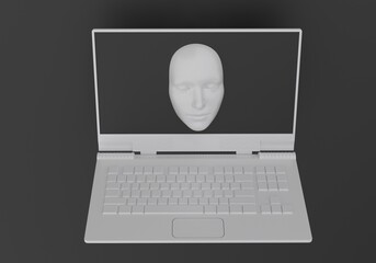 Aufkleber - Minimal surreal 3D illustration with a laptop and a face appearing from its screen. Concept of cybersecurity and computer hacker.