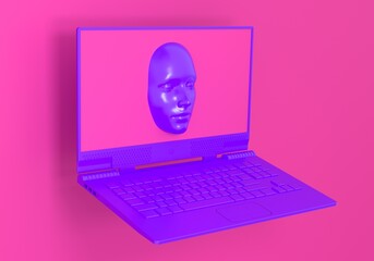 Wall Mural - Minimal surreal 3D illustration with a laptop and a face appearing from its screen. Concept of cybersecurity and computer hacker.