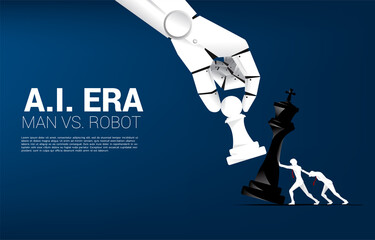Poster - Close up of robot hand try to checkmate chess game of human. Concept of A.i. Disruption and man v.s. machine learning