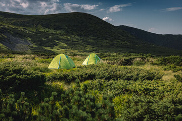 Wall Mural - concept of vacation in the mountains. tents in the mountains. hiking in the mountains