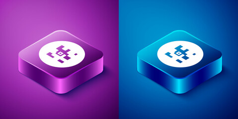Poster - Isometric QR code sample for smartphone scanning icon isolated on blue and purple background. Square button. Vector