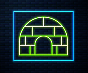 Poster - Glowing neon line Igloo ice house icon isolated on brick wall background. Snow home, Eskimo dome-shaped hut winter shelter, made of blocks. Vector