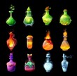 Cartoon potion bottles, magic spells and elixirs glass bubbles. Life, death or plant grow, fire and frosting potions with plant leaves, skull, flame and ice. Fantasy game vector UI, GUI interface icon
