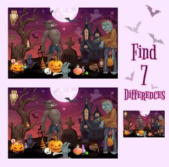 Poster - Kids game of find or spot differences vector template with cartoon Halloween monsters and pumpkins. Children education game, puzzle, quiz or riddle of finding differences between pictures with answers