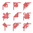 Asian red knots. Chinese, Korean, Japanese embellishment vector set. Decorative corners, Tibetan eternal buddhism spirituality borders. Feng Shui lucky traditional elements, geometric ornament design