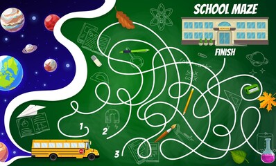 Poster - Labyrinth maze space planets and stars, school building, bus, stationery and science formulas. Kids board game, vector riddle with tangled path, start, finish, cartoon and sketch learing items