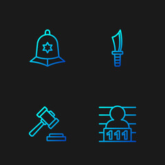 Wall Mural - Set line Suspect criminal, Judge gavel, British police helmet and Military knife. Gradient color icons. Vector