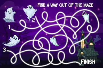 Aufkleber - Halloween kids labyrinth maze game with funny ghosts. Vector puzzle help spooky characters find way to haunted castle at night. Children board game, task with tangled path, education preschool riddle