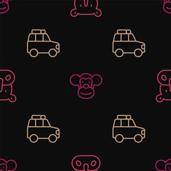 Poster - Set line Rhinoceros, Car and Monkey on seamless pattern. Vector