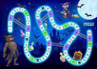 Poster - Kids step board game vector template with cartoon Halloween characters and block path. Boardgame with numbers, start and finish. Educational children riddle, family or preschool activity, recreation