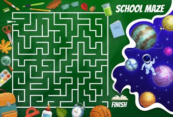 Poster - Kids labyrinth maze game, space planets and astronaut, school stationery and autumn leaves. Vector boardgame with square tangled path, start, finish and cartoon educational stuff. Children test riddle