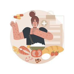 Poster - Food allergy abstract concept vector illustration. Food ingredient intolerance, allergy treatment, allergen identification, risk factor, skin rash problem, gluten free diet abstract metaphor.