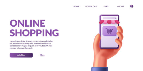 Wall Mural - Hand holding 3d cute mobile smart phone with shop app ecommerce. Online shopping illustration concept with 3d icon.