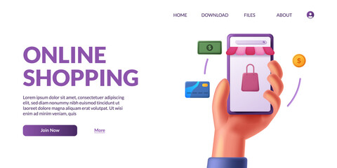 Wall Mural - Hand holding 3d cute mobile smart phone with shop app ecommerce. Online shopping illustration concept with 3d icon.