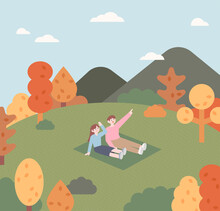 A Couple Is Sitting In The Autumn Park. The Trees Around Them Are Turning Red. Outline Simple Vector Illustration.