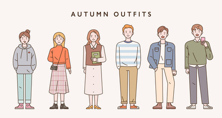 Wall Mural - autumn casual fashion of young people. people characters standing front to back in different styles 