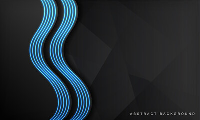 Wall Mural - Black wave abstract technology background overlap layers on dark space with blue light neon effect decoration. Modern graphic design template elements for poster, flyer, brochure, landing page,