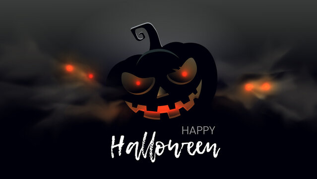 Happy halloween graphic design. Dark silhouette of scary pumpkin character in the fog. 
