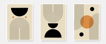 Mid Century Modern Art Set Bohemian Style With Textures And Lines Element. Minimalist Trendy Contemporary Design Perfect For Wall Art, Prints, Social Media, Posters, Invitations, Branding Design.