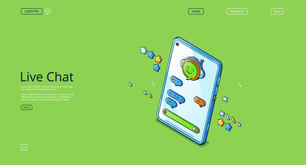 Poster - Live chat isometric landing page, online clients support, operator service, hotline communication. Smartphone with dialogue window on screen, messenger application for customers, 3d vector web banner