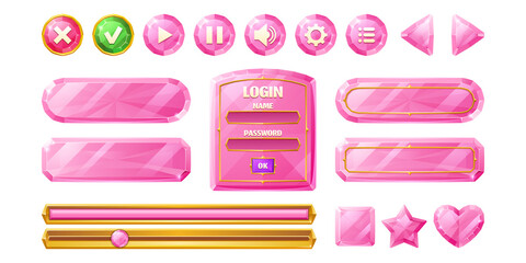 Wall Mural - Pink diamond buttons for user interface design in game, video player or website. Vector cartoon set of crystal ui elements in golden frame, check and cross marks, shaped buttons and login frame