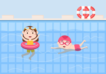 Cute Little Kids Swimming Background Vector Illustration in flat cartoon style. people dressed in swimwear, swim in summer and performing water activities