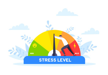 Reduce stress level flat style design concept vector illustration. Emotion overload, burnout and fatigue from work. Stress level meter gauge emotion stages. Person pushes arrow from maximum to minimum