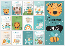 Calendar 2022. Yearly Planner Calendar With All Months. Templates With Cute Safari Animals. Vector Illustration. Great For Kids, Nursery, Poster And Printable.