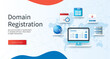 © Genestro - Domain registration banner. Computer with domain names on screen, schedule, domain, server, website hosting, login icons. Business concept. Web vector landing page template in 3D style