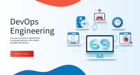 Poster - DevOps engineering banner. Computer with infinity symbol on screen. Software, bug search, development, launch product icons. Business concept. Web vector landing page template in 3D style
