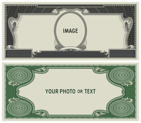 Wall Mural - Sample of blank paper money in vintage US dollars style. Obverse and reverse of empty banknotes with guilloche mesh and inscriptions, image and your photo or text